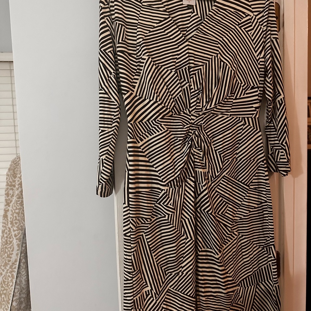 CAbi Black and White Sheath Dress with 3/4 Cuffed Sleeves and V-Neck